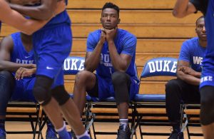 DURHAM, NC - OCTOBER 01: Harry Giles (C) of the Duke Blue Devils looks on during a practice session at Cameron Indoor Stadium on October 1, 2016 in Durham, North Carolina. (Photo by Lance King/Getty Images)